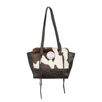 American West Cow Town Hair On Zip Top Tote W/Secret Compartment - Black/Brown/White #3