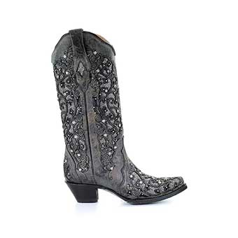 Corral Women's Grey Inlay & Flowered Embroidery Boots w/Studs & Crystals #2