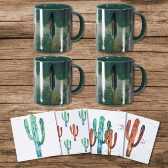 Tossed Feather Mug and Cactus Coaster 8-Piece Set