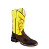 Old West Youth's Broad Square Toe Boots - Brown/Fluorescent Green