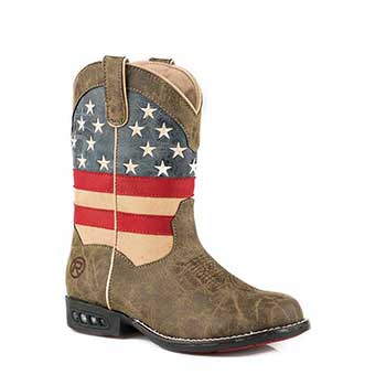 Roper Children's Western Boots w/Lights - Brown/USA Flag