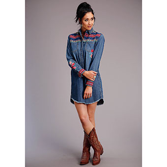 Stetson Women's Denim Aztec Stripe Embroidered Shirt Dress