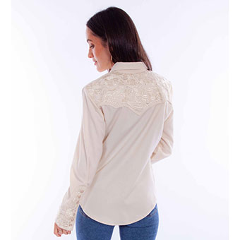 Scully Ladies Long Sleeve Shirt w/Floral Tooled Embroidery - Ivory #2