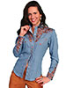 Scully Ladies Long Sleeve Shirt w/Floral Tooled Embroidery - Blue