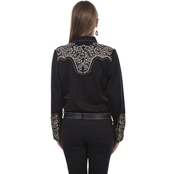 Scully Ladies Long Sleeve Western Shirt w/Embroidery & Candy Cane Piping - Black #2