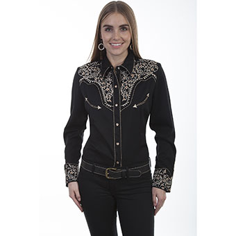 Scully Ladies Long Sleeve Western Shirt w/Embroidery & Candy Cane Piping - Black