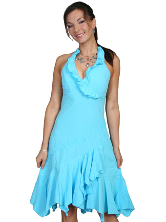 Cantina Collection Ladies Halter Sundress w/Ruffles - Turquoise