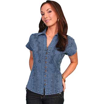 Cantina Collection Ladies Point Collar Cap Sleeve Blouse - Denim Blue