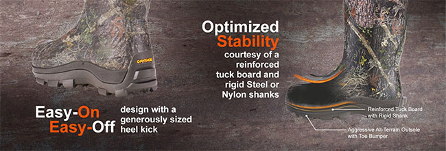 Optimixed Stability courtesy of a reinforced tuck board and rigid Steel or Nylon shanks. Easy-on Easy-off design with a generously sized heel kick.