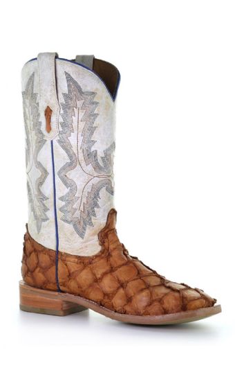 Corral Men's Pirarucu Square Toe Boots - Cognac/White