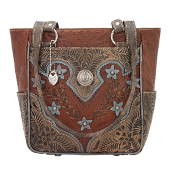 American West Desert Wildflower Zip Top Tote with 3 Outside Pockets - Brown/Blue