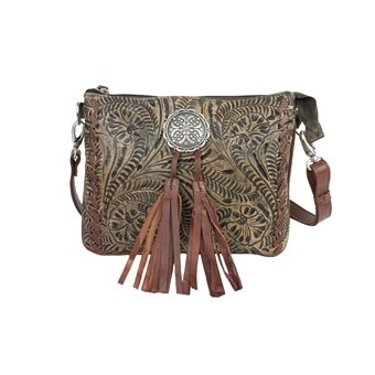 American West Lariats And Lace Zip Top Crossbody - Charcoal Brown