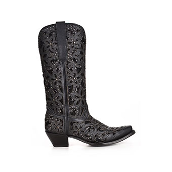 Corral Ladies Black Floral Overlay/Embroidery Boots w/Studs #2