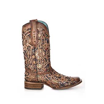 Corral Ladies Bone Square Toe Boots w/Multi Color Inlay & Studs #2