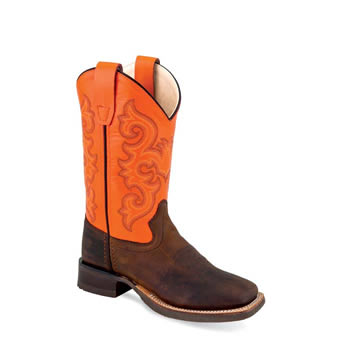 Old West Youth's Broad Square Toe Boots - Brown/Neon Orange