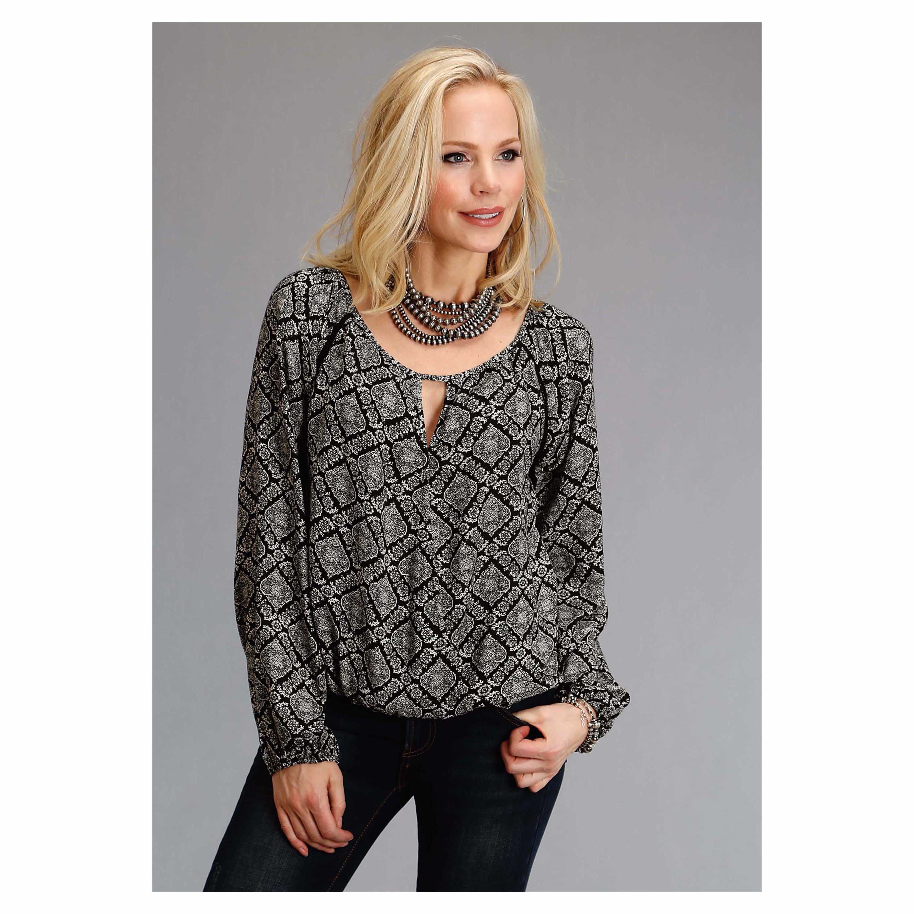 Pungo Ridge Stetson Women's Paisley Lattice Peasant Top Black