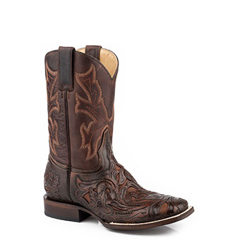 Stetson Men's Wicks Hand Tooled Square Toe Boots - Burnished Brown