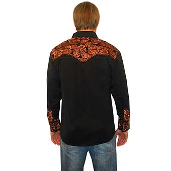 Scully Men's Shirt w/Floral Tooled Embroidery - Black/Caramel #2