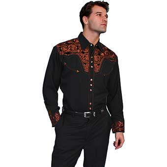 Scully Men's Shirt w/Floral Tooled Embroidery - Black/Caramel