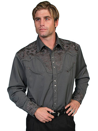 Scully Men's Shirt w/Floral Tooled Embroidery - Charcoal Grey