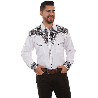 Scully Men's Shirt w/Floral Tooled Embroidery - White/Black