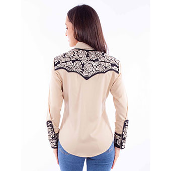 Scully Ladies Long Sleeve Shirt w/Floral Tooled Embroidery - Tan #2