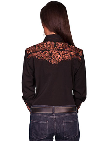 Scully Ladies Long Sleeve Shirt w/Floral Tooled Embroidery - Black #2