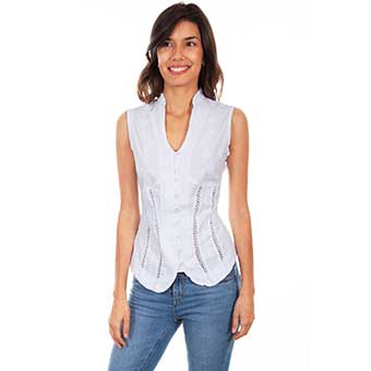 Cantina Collection Ladies Band Collar Sleeveless Blouse - White