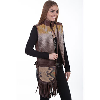 Scully Woven Aztec Wool Blend Leather Crossbody Handbag w/Fringe - Brown #4