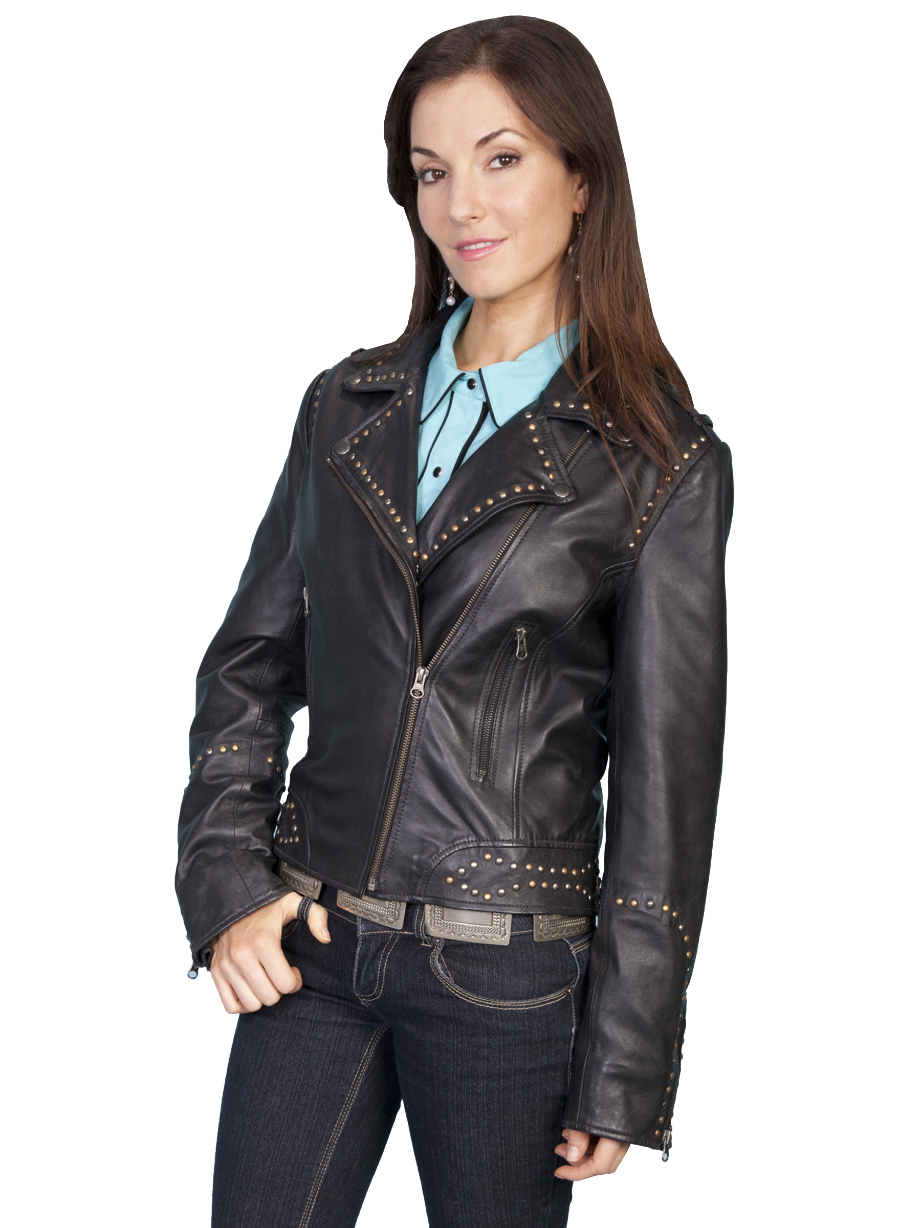 Pungo Ridge - Scully Ladies Lamb Studded Motorcycle Jacket - Black, Scully Women's Leatherwear 